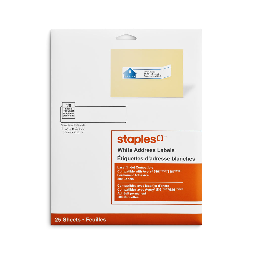 Étiquettes d'adresse blanches Staples pour imprimantes à jet d'encre/laser - 4" x 1" - Paquet de 500