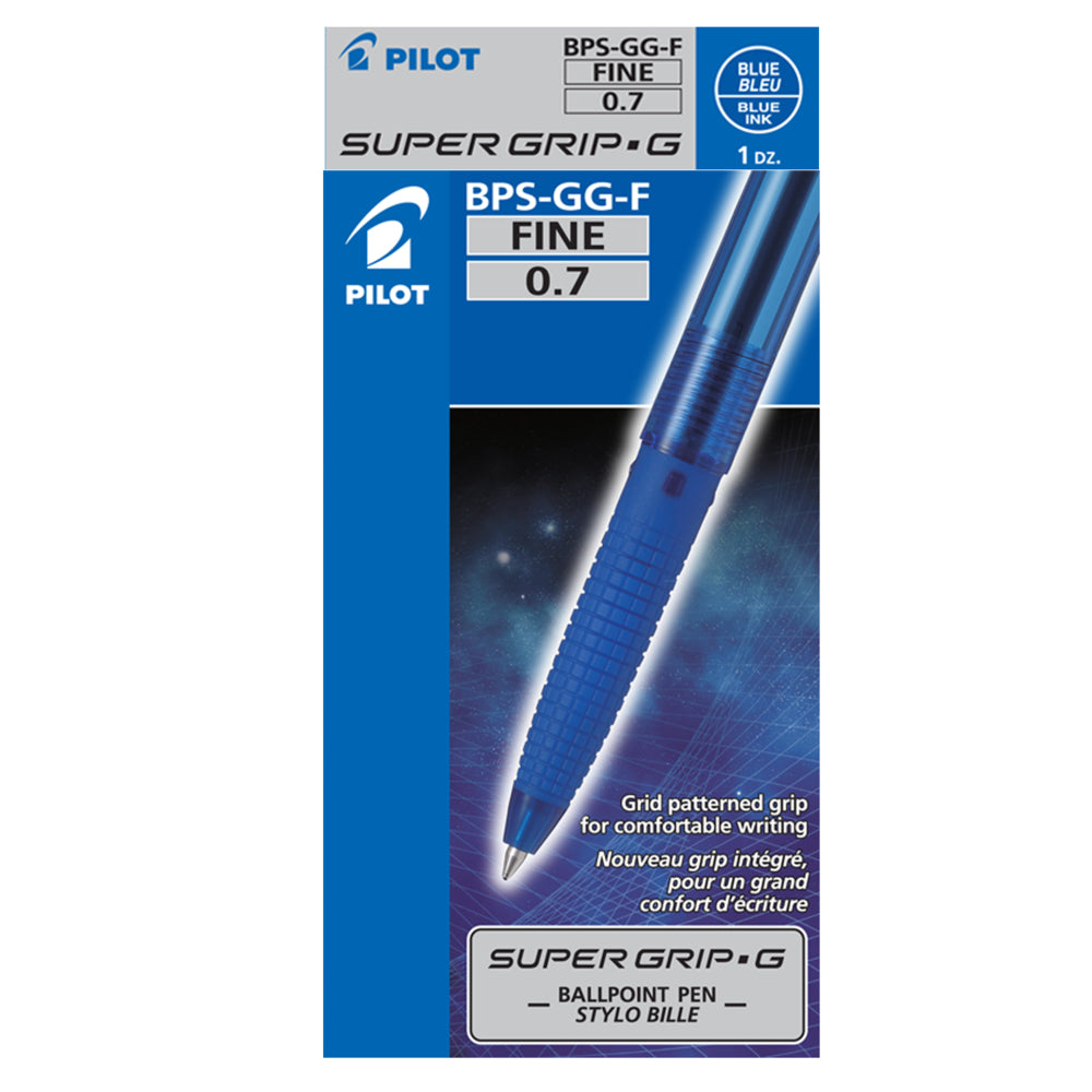 Pilot Super Grip G Ballpoint Pen - Fine 0.7mm Point - Blue - 12 Pack