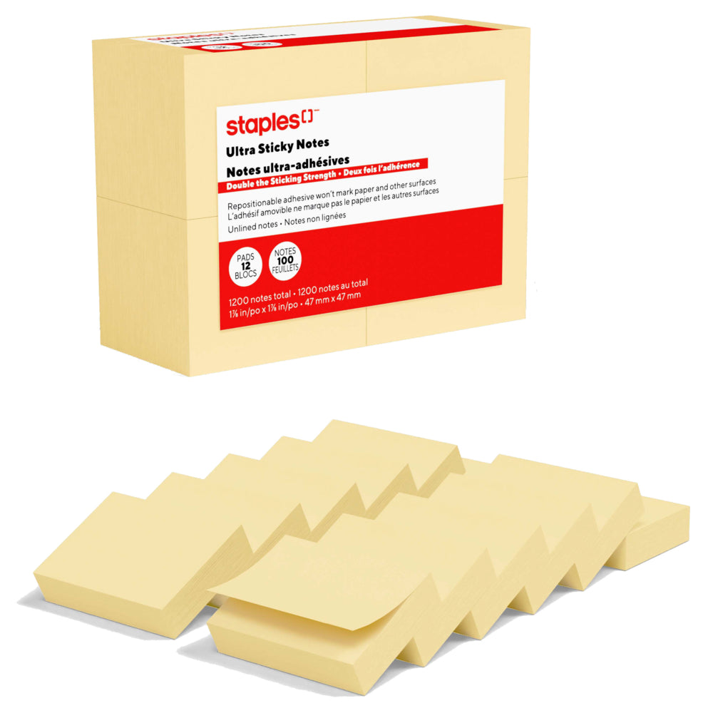Staples Ultra Sticky Notes - 1-7/8" x 1-7/8" - Sunshine Collection - 12 Pack