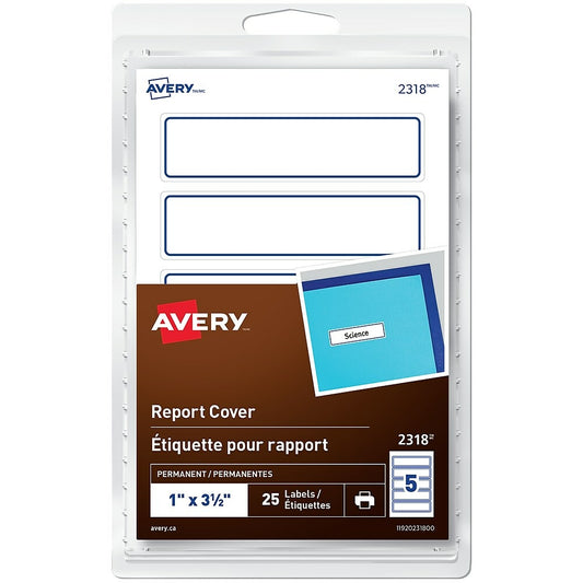 Avery Permanent Report Cover Labels, 1" x 3-1/2", Blue Border, 25 Pack