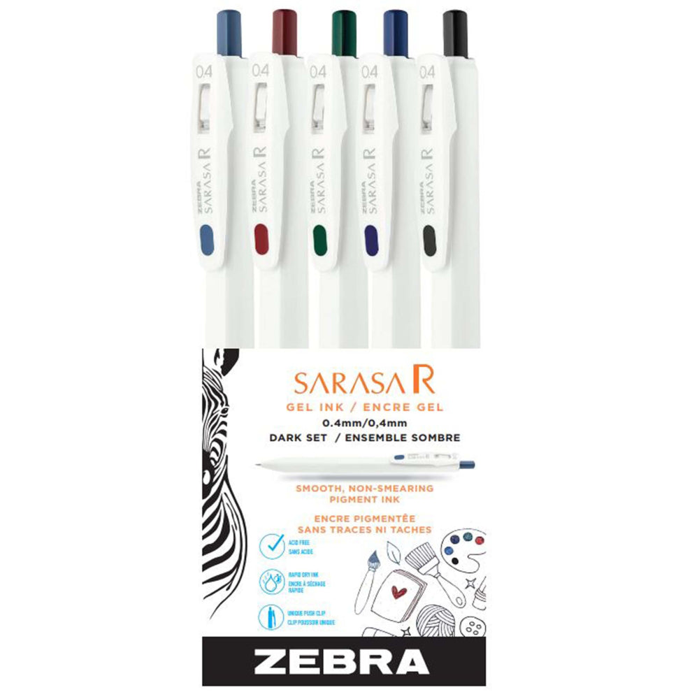 Stylos à encre gel rétractable Zebra Sarasa Clip R - 0,4 mm - Couleurs foncées - Assortiment - Lot de 5