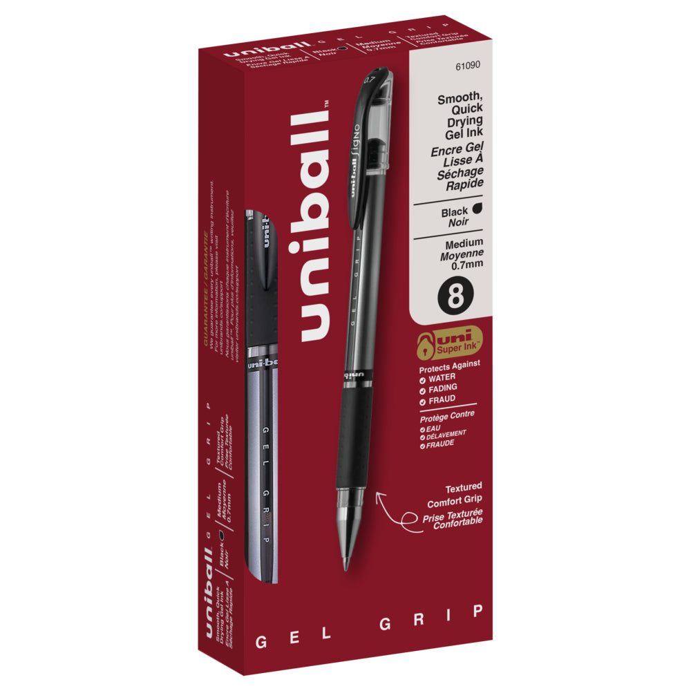 uni-ball Gel Grip Gel Pens - Medium Point (0.7mm) - Black - 8 Pack