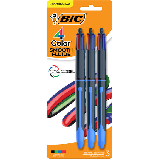 BIC 4-Colour Smooth Ballpoint Pens - 1.0mm - Assorted - 3 Pack