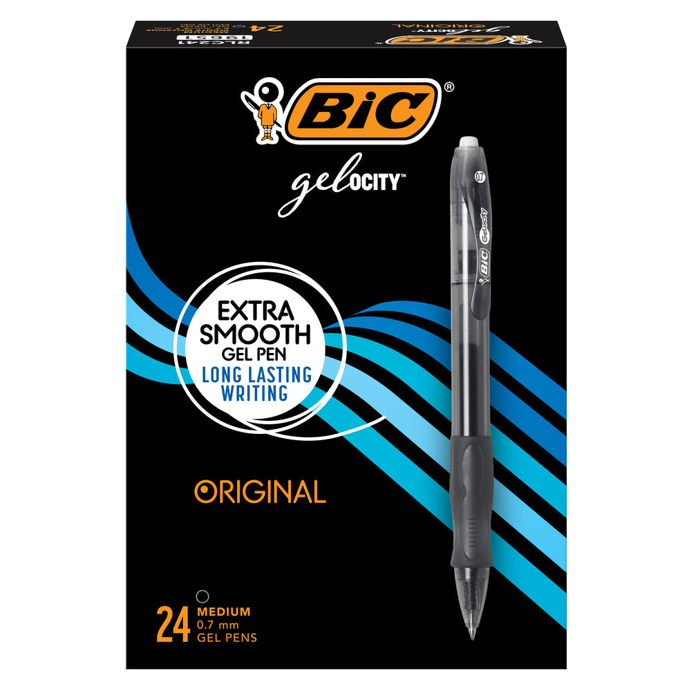 Stylos gel BIC Gelocity - Rétractables - 0,7 mm - Noir - Lot de 24