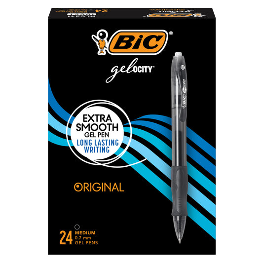 Stylos gel BIC Gelocity - Rétractables - 0,7 mm - Noir - Lot de 24