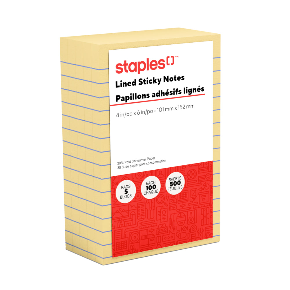 Staples Stickies Recycled Self-Stick Notes - 4" x 6" - Ruled - 5 Pack