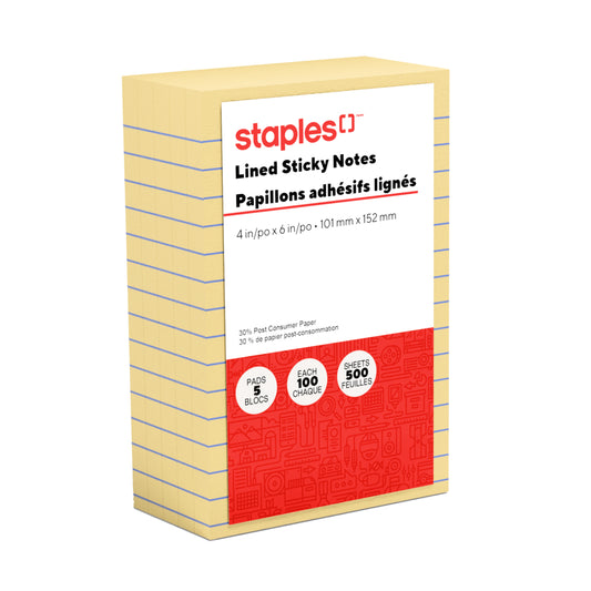 Staples Stickies Recycled Self-Stick Notes - 4" x 6" - Ruled - 5 Pack