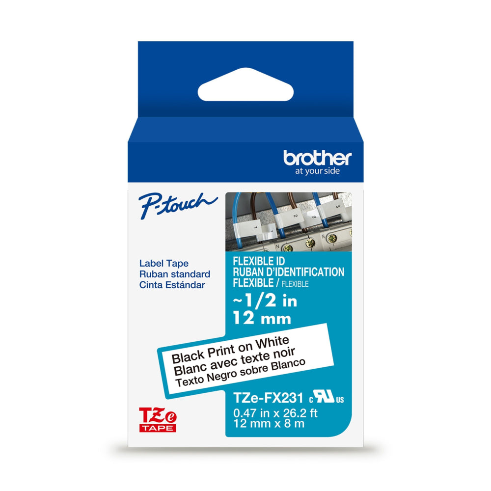 Brother Genuine Tze-FX231 Black on White Flexible ID Laminated Tape for P-touch Label Makers, 12 mm wide x 8 m long