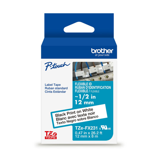 Ruban d'identification flexible laminé noir sur blanc Brother Tze-FX231 d'origine pour étiqueteuses P-touch, 12 mm de large x 8 m de long