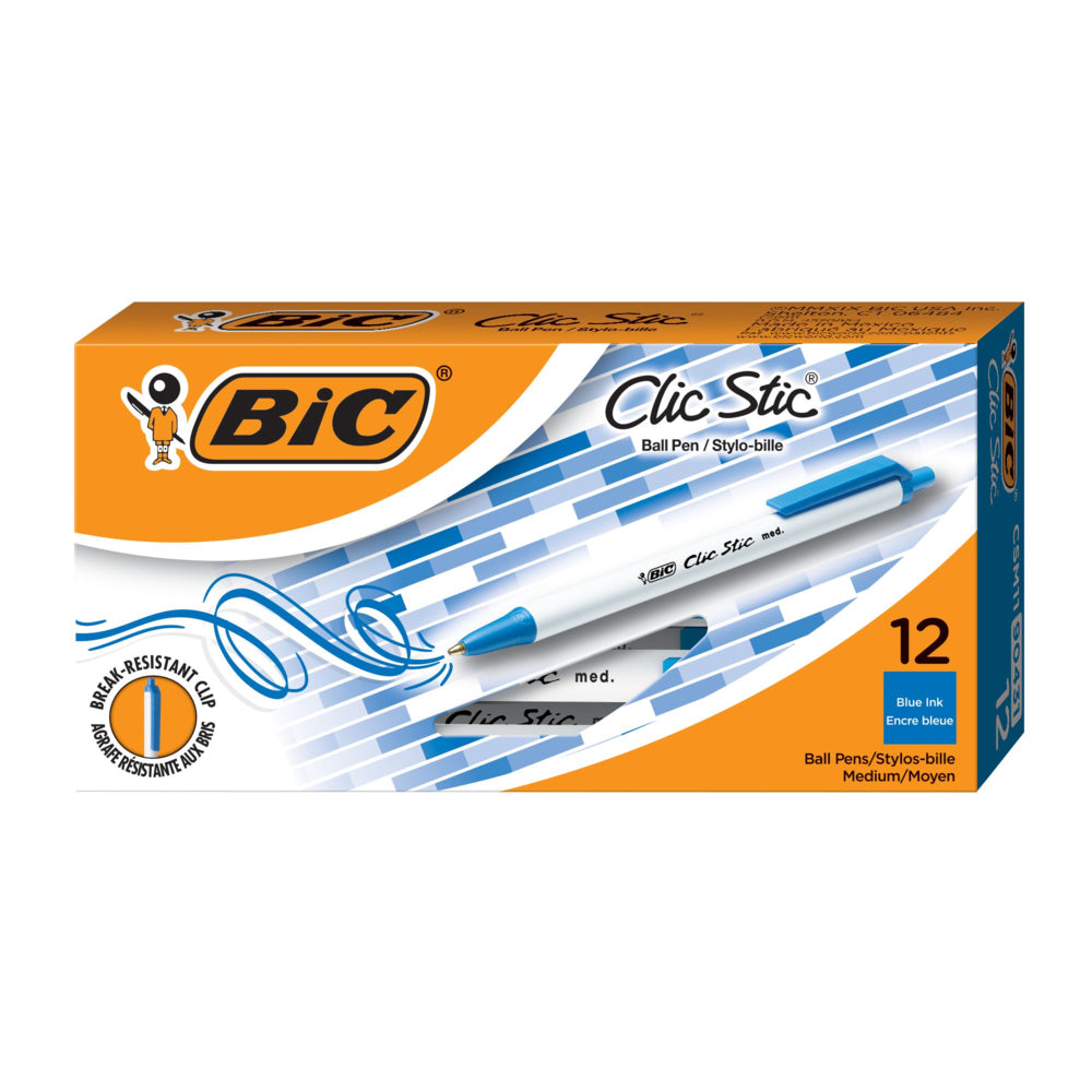 BIC Clic Stic Retractable Ball Point Pen - Medium Point (1.0mm) - Blue - 12 Pack