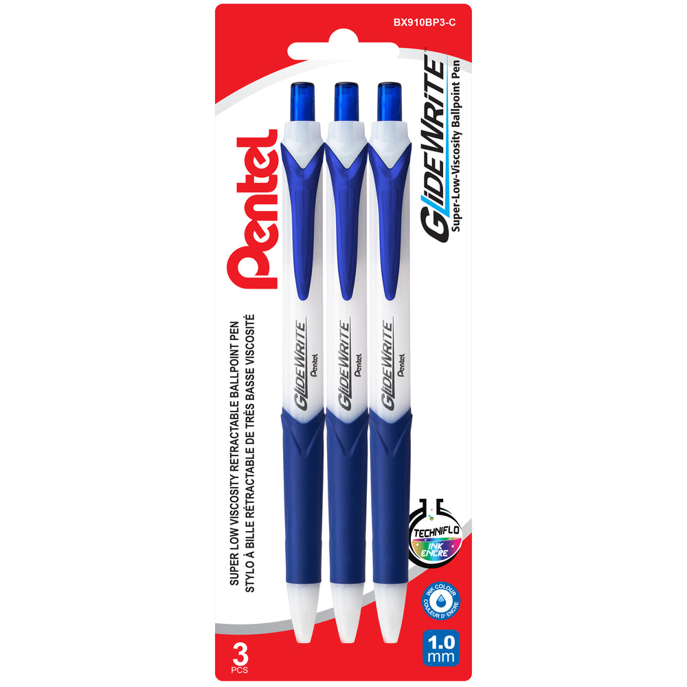 Stylo à bille rétractable Pentel GlideWrite avec encre TechniFLO - 1,0 mm - Bleu - Lot de 3