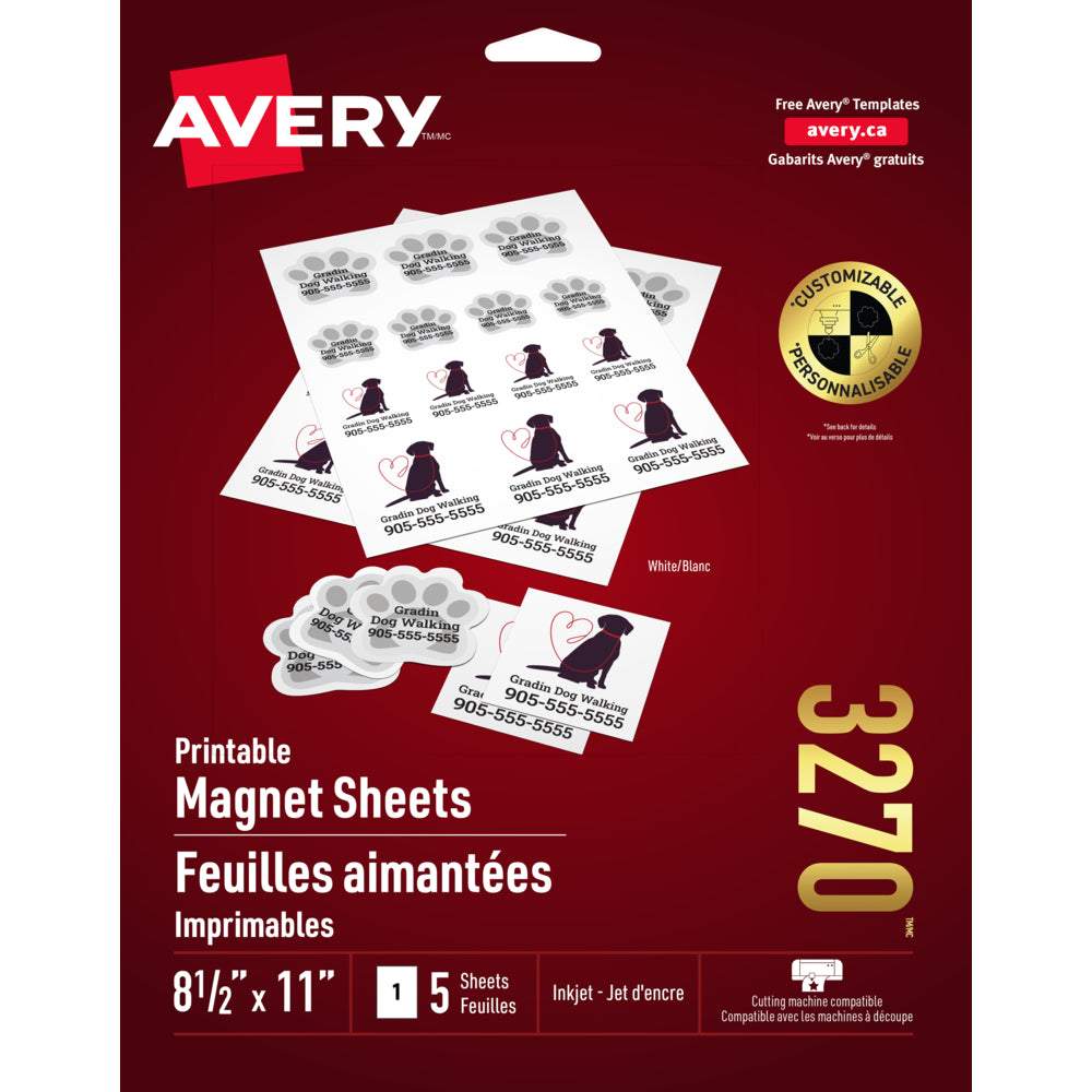 Feuilles magnétiques imprimables Avery 8-1/2" x 11", blanches, paquet de 5 (03270)