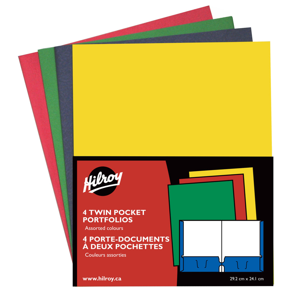 Lot de 4 porte-documents Hilroy à deux pochettes – 11-3/4" x 9-1/2" – Couleurs assorties – Lot de 4