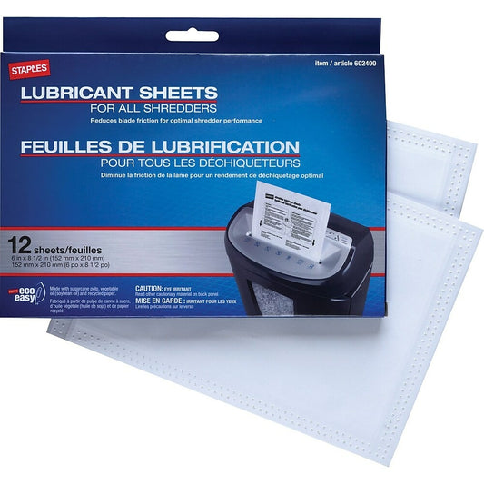 Feuilles lubrifiantes pour déchiqueteuse Staples, paquet de 12
