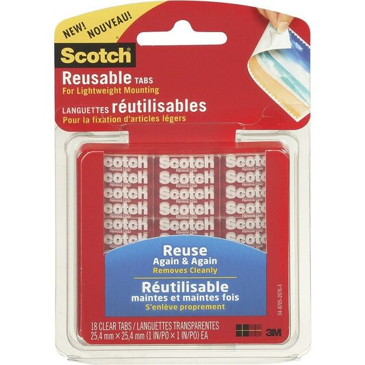 Languettes de montage légères et réutilisables Scotch(R), transparentes, 2,5 cm x 2,5 cm, paquet de 18