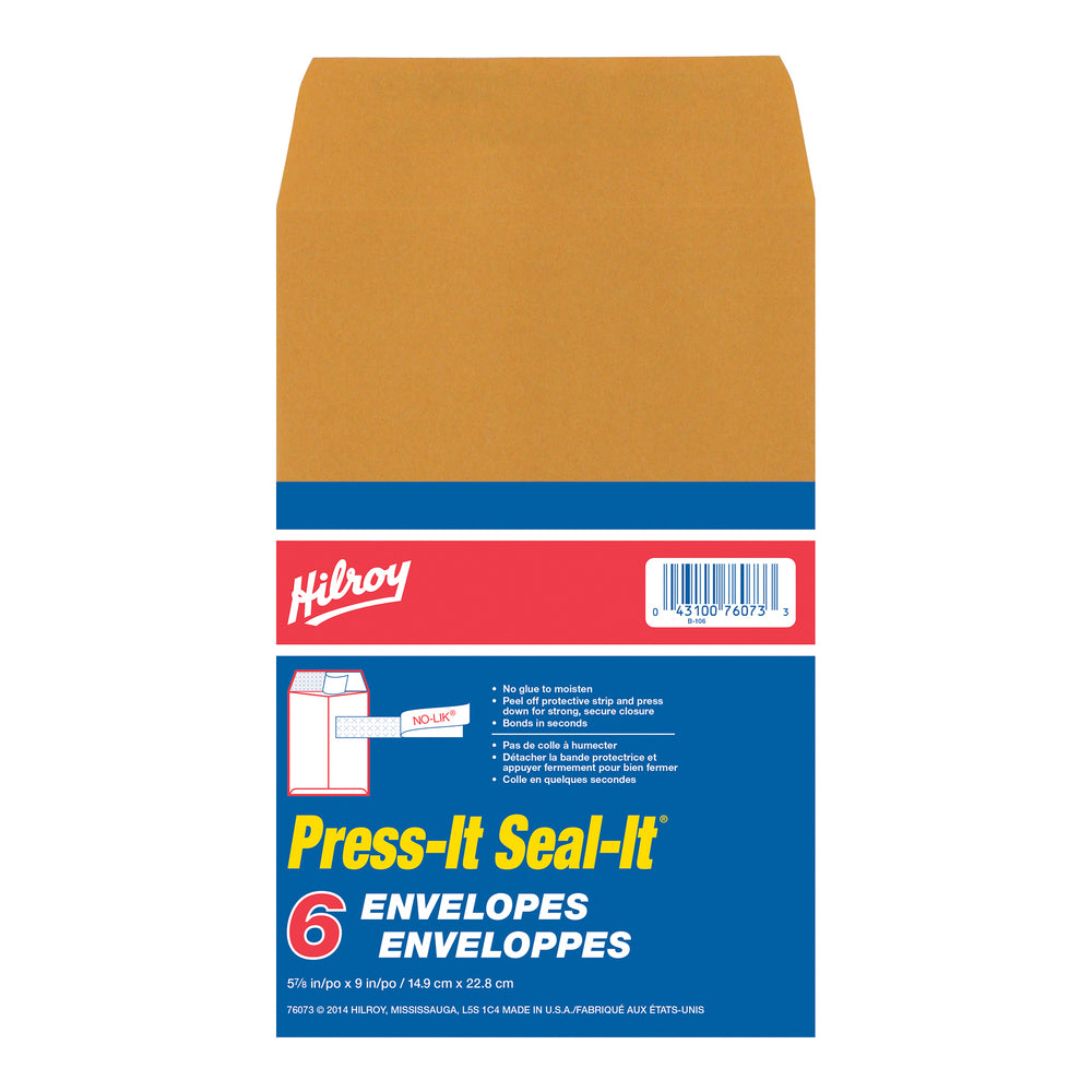 Hilroy Press-It Seal-It Self-Adhesive Kraft Envelope - 24lb. - 5 7/8" x 9" - Suntan - 6 Pack