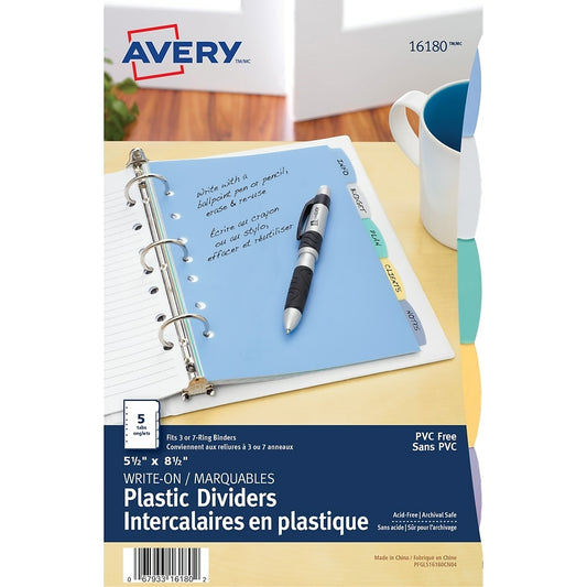 Avery 5-1/2" x 8-1/2" Durable Plastic Write-On Dividers - 5 Tabs - Multi-colour