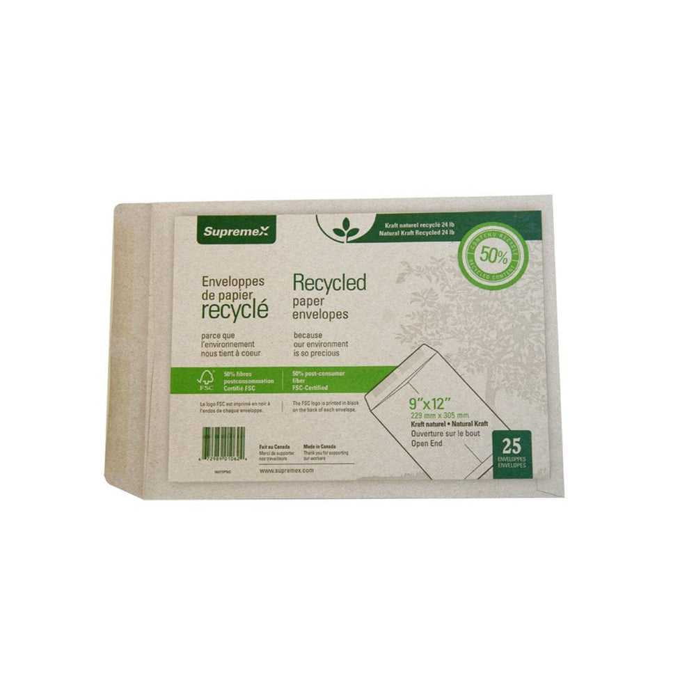 Enveloppes pour catalogue Supremex en papier kraft naturel robuste à extrémité ouverte – 24 lb – 9 po x 12 po – Naturel – Paquet de 25