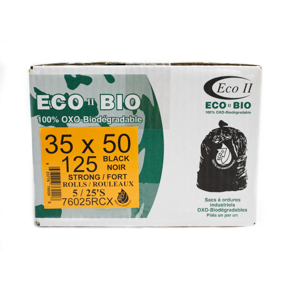 Sacs poubelles oxo-biodégradables Eco II - 89 x 127 cm - Résistants - Noirs - Rouleau de 25 - Paquet de 125