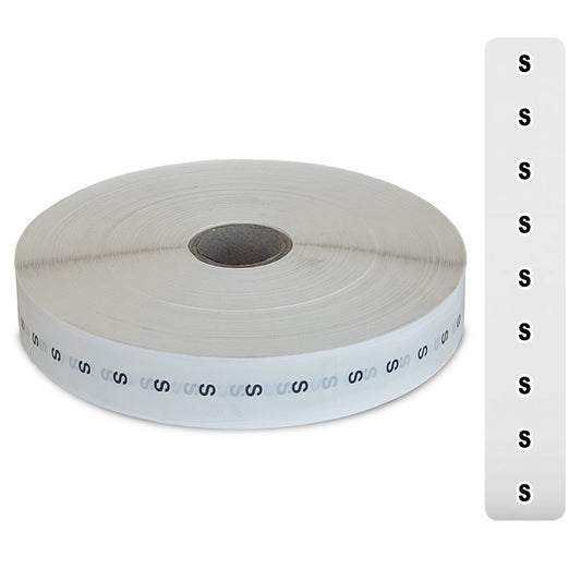 Eddie's Sizer Sticker Strips - S - Black & White Print on Clear - 3/4"x 4-1/2"  - 1000 Per Roll