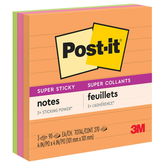 Notes Post-it Super Sticky - 4" x 4" - Collection Energy Boost - Lignées - 270 feuilles - Paquet de 3