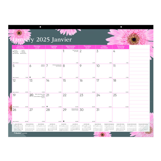 Blueline 2025 Pink Ribbon Monthly Desk Pad Calendar - Pink Daisy - 22" x 17" - Bilingual