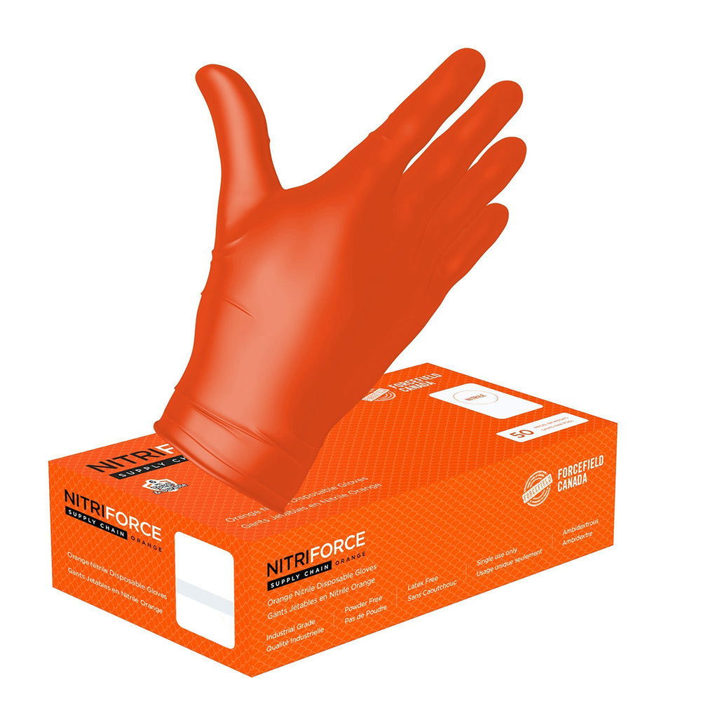 Gants jetables Forcefield NitriForce Supply Chain en nitrile texturé – 6 mil – Grand – Orange – Paquet de 500