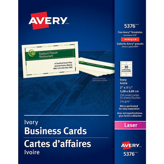 Cartes de visite perforées laser Avery, 8,9 cm x 5,1 cm, ivoire, paquet de 250 (05376)