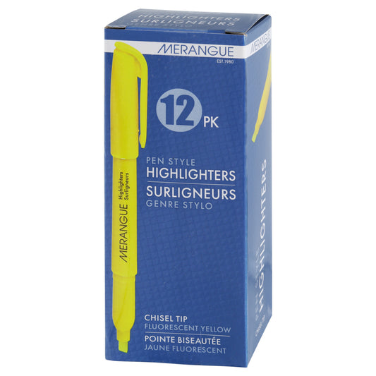 Merangue Chisel Tip Pen-Style Highlighters - Yellow - 12 Pack