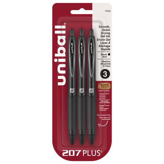 uni-ball 207 Plus Retractable Gel Pens 70456 - Medium Point (0.7mm) - Black - 3 Pack