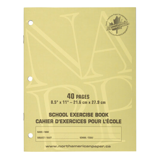 Cahiers d'exercices North American Paper Inc. - 8,5" x 11" - Quadrillé - Perforé 3 trous - 40 pages - Paquet de 25