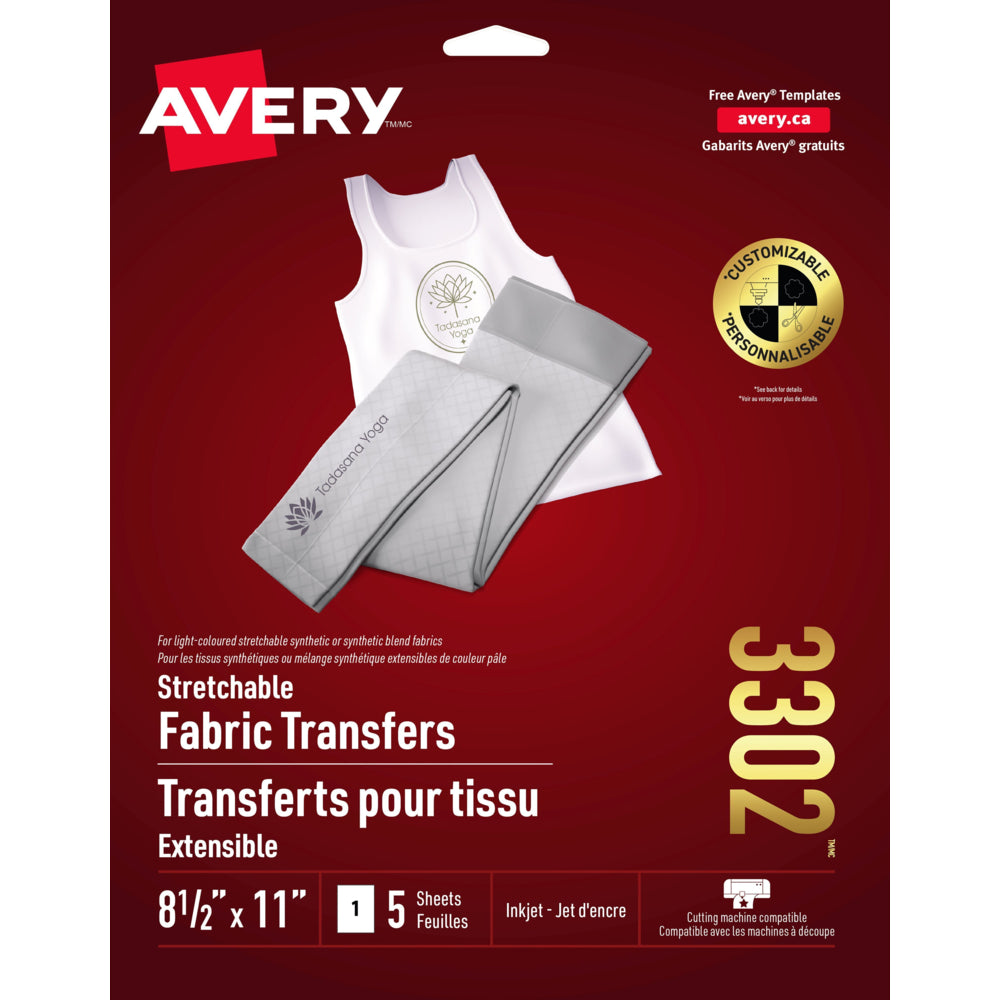 Transferts pour t-shirts à jet d'encre extensibles Avery, 21,5 x 28 cm, blanc, paquet de 5