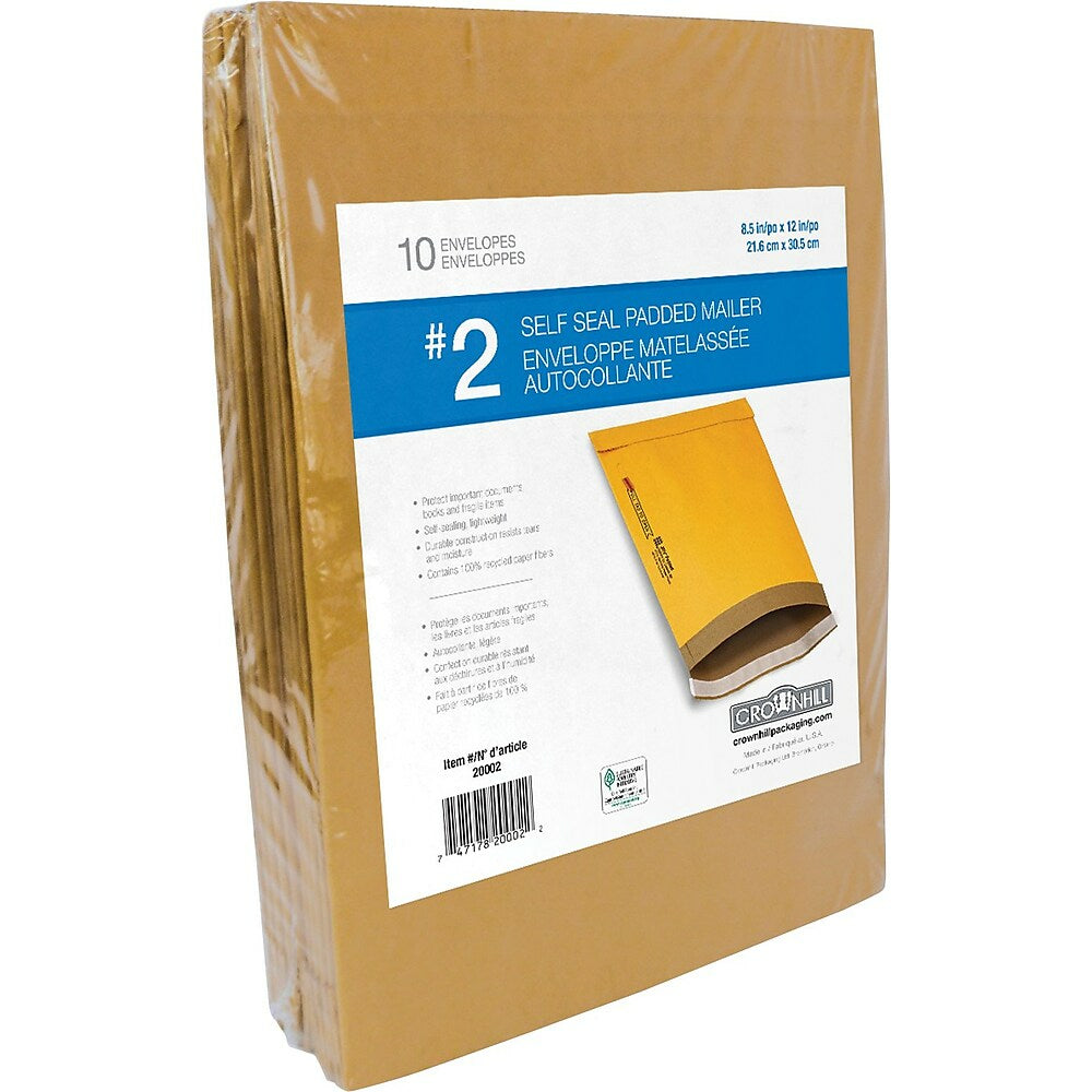 Crownhill Kraft Self-Seal Padded Mailer, #2, 8.5" x 12", 10 Pack