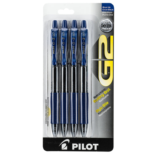 Stylos gel Pilot G2, rétractables, 0,7 mm, bleus, lot de 4