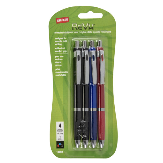 Staples Revu Ballpoint Pens - Retractable - 1.2mm - Assorted - 4 Pack