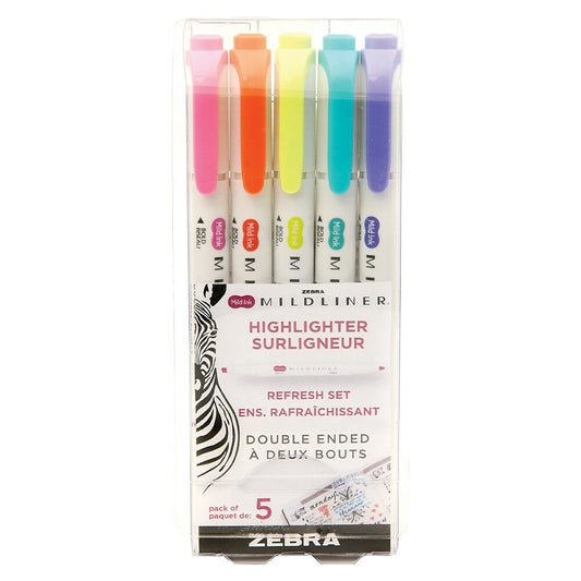 Surligneur Zebra Mildliner Refresh à double extrémité, paquet de 5