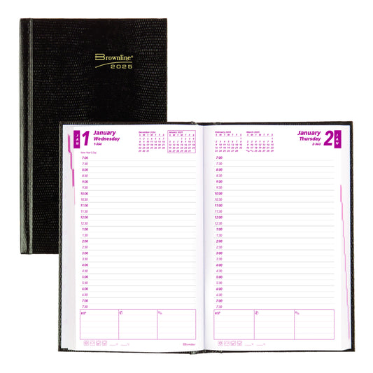 Brownline 2025 Daily Planner Perfect Binding Rigid Lizard-like Cover - 8" x 5" - Black - English