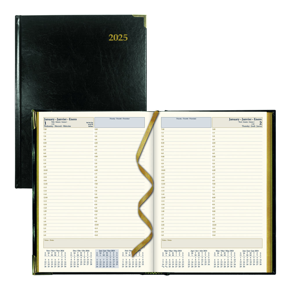 Brownline 2025 Executive Daily Planner - 10-3/4" x 7-3/4" - Black - Trilingual