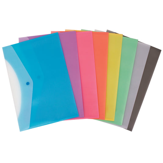 Enveloppes en plastique Geocan à fermeture par bouton-poussoir, avec poche au dos, couleurs assorties