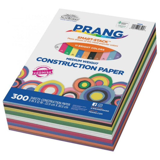 Papier de construction Prang Smart Stack, 11 couleurs assorties, 9" x 12", 300 feuilles/paquet.