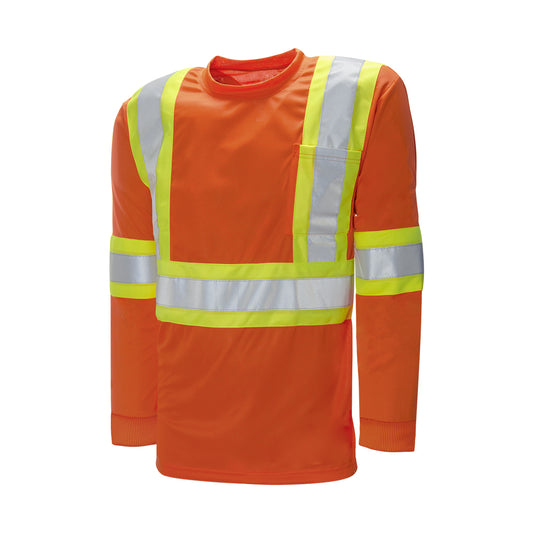 T-shirt Wasip à manches longues en coton avec marquage de circulation - Ruban de couleur contrastée de 10 cm avec ruban réfléchissant argenté de 5 cm - Taille S - Orange