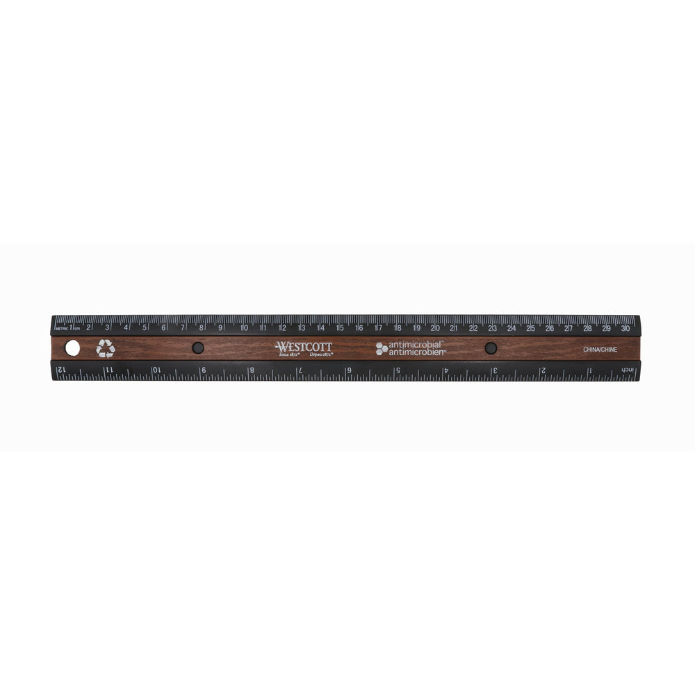 Westcott KleenEarth Antimicrobial Wood Inlay Ruler - 30cm/12" - Black/Brown