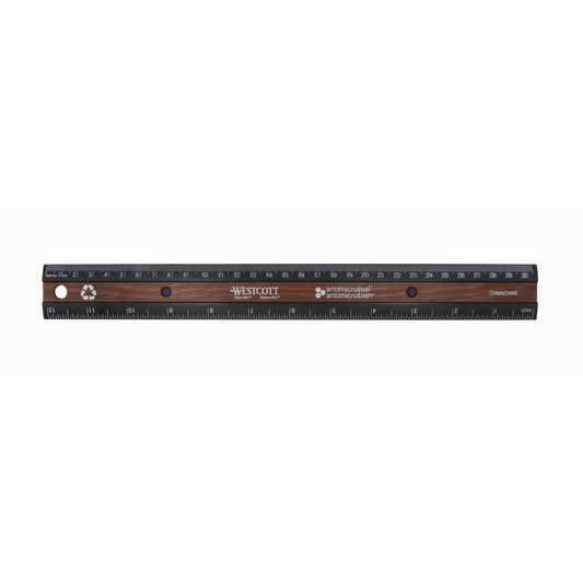 Westcott KleenEarth Antimicrobial Wood Inlay Ruler - 30cm/12" - Black/Brown