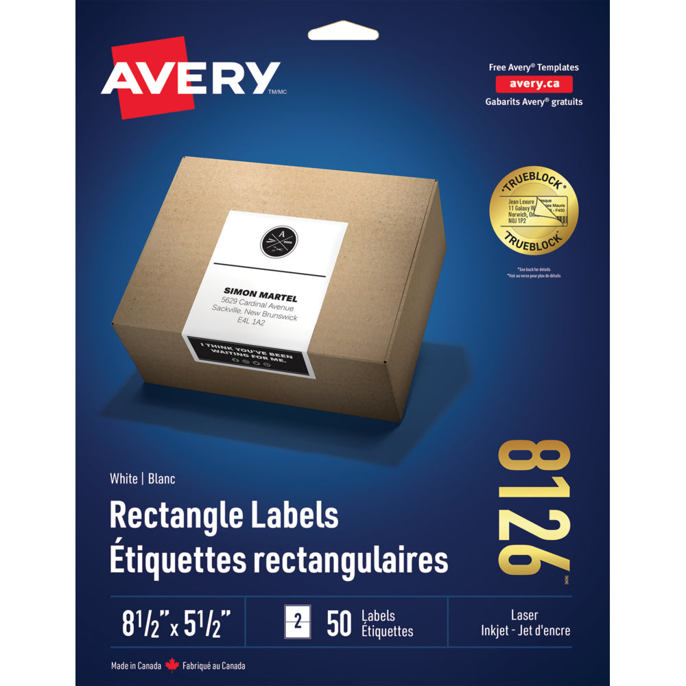 Étiquettes d'expédition laser/jet d'encre Avery TrueBlock - 8-1/2" L x 5-1/2" l - Blanc - Paquet de 50 - (8126)