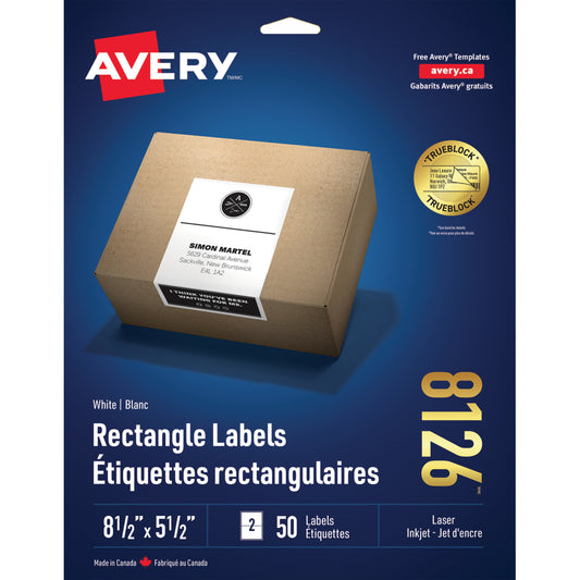 Étiquettes d'expédition laser/jet d'encre Avery TrueBlock - 8-1/2" L x 5-1/2" l - Blanc - Paquet de 50 - (8126)