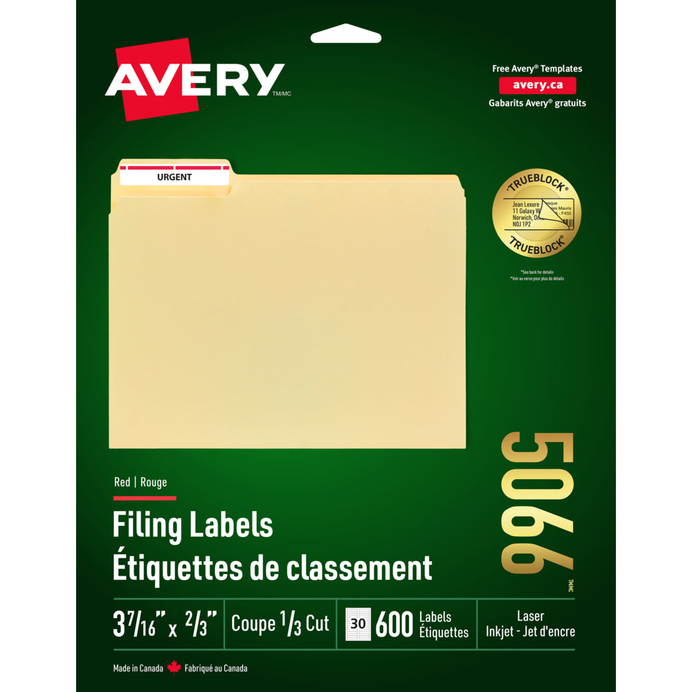 Étiquettes de dossiers laser/jet d'encre Avery TrueBlock, 9,75 cm x 6,35 cm, barre rouge, paquet de 600 (5066)