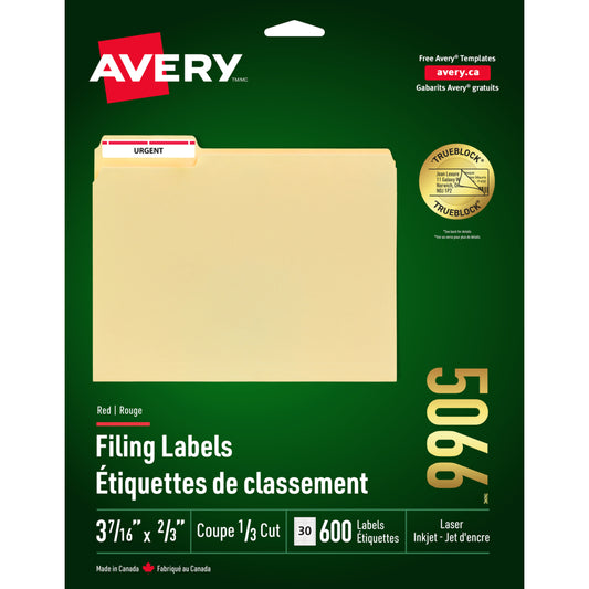 Étiquettes de dossiers laser/jet d'encre Avery TrueBlock, 9,75 cm x 6,35 cm, barre rouge, paquet de 600 (5066)