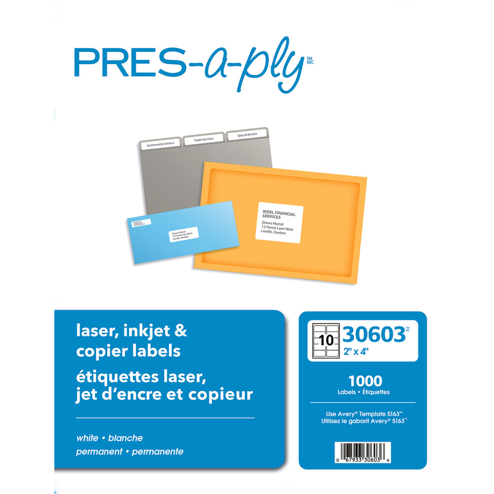 Étiquettes d'adresse laser Avery PRES-a-ply, 10 x 5 cm, blanches, paquet de 1 000