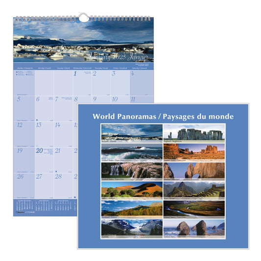 Calendrier mural mensuel coloré Blueline 2025, reliure spirale double - 30,5 x 43,2 cm - Panoramas du monde - Bilingue