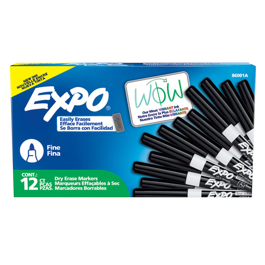Marqueurs effaçables à sec Expo à faible odeur – Pointe fine – Noir – Paquet de 12